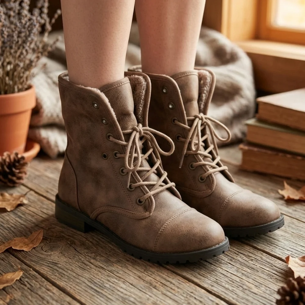 Style: Waterfall Combat / Ankle BootsColor: Taupe / Distressed BrownSize: 9 Wome - Picture 1 of 9